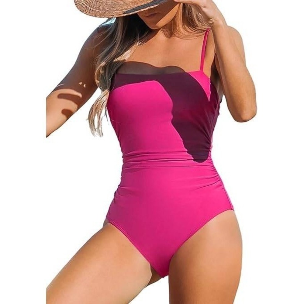 Cupshe Pink Square Neck Ruched Tummy Control One Piece Swimsuit Large NWT